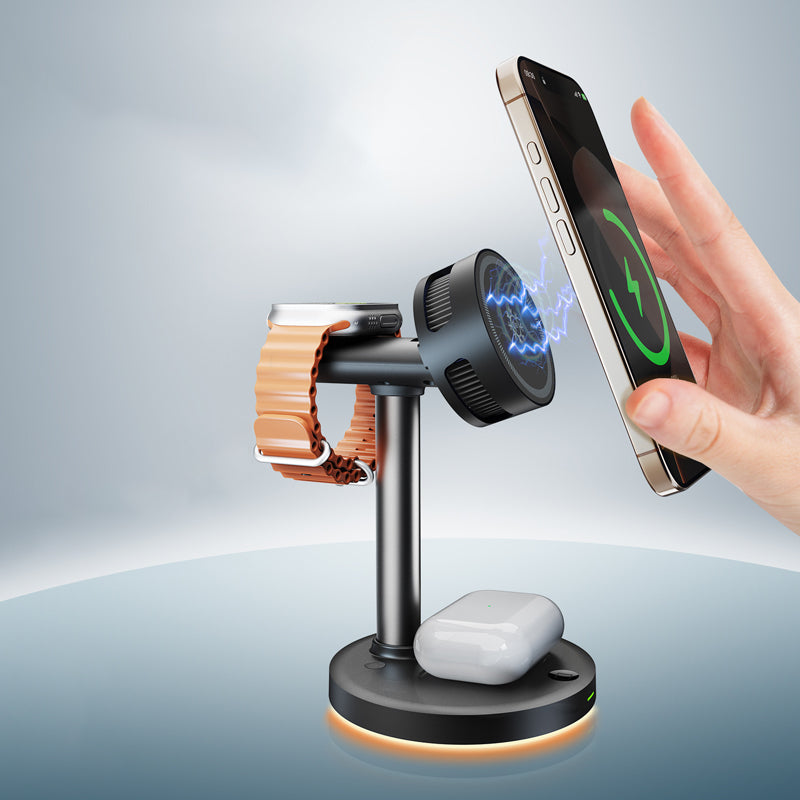 3-in-1 Wireless Charger with Semiconductor-Cooled Magnetic Docking Stand for Wireless Charging of Mobile Phones on Desks