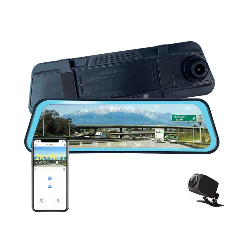 9.66-inch streaming rearview mirror dashcam with 2K night vision dual lenses, reversing camera, and smartphone Wi-Fi connectivity.