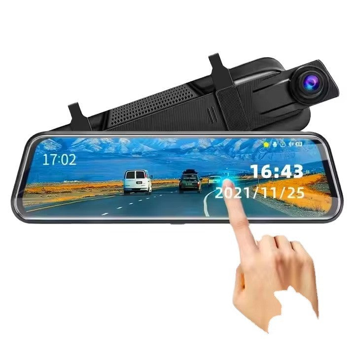 10-inch HD full-screen streaming dashcam with HD touchscreen rearview mirror and front and rear lenses