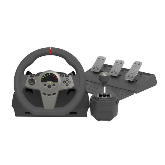 Computer game with car simulation driving, three-pedal control, and steering wheel