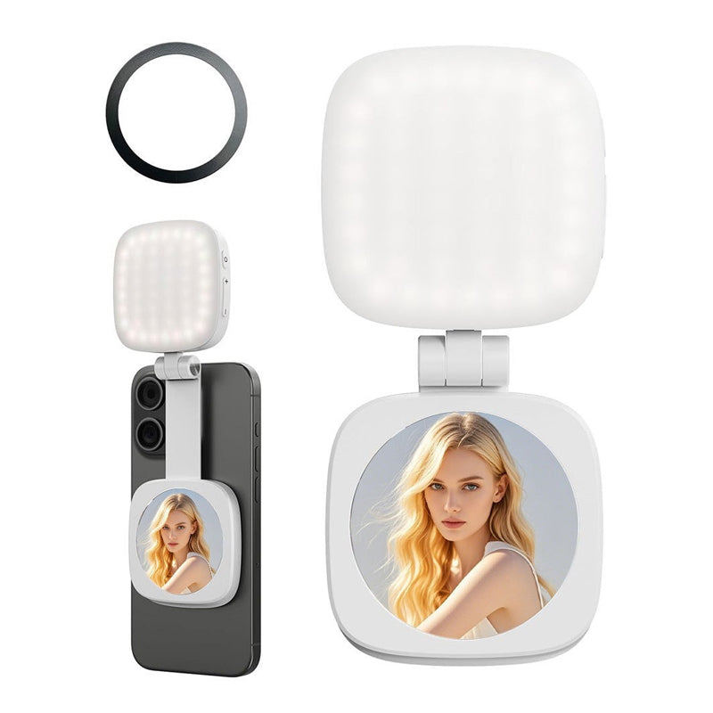 Portable, foldable photography mini-phone with magnetic backup light