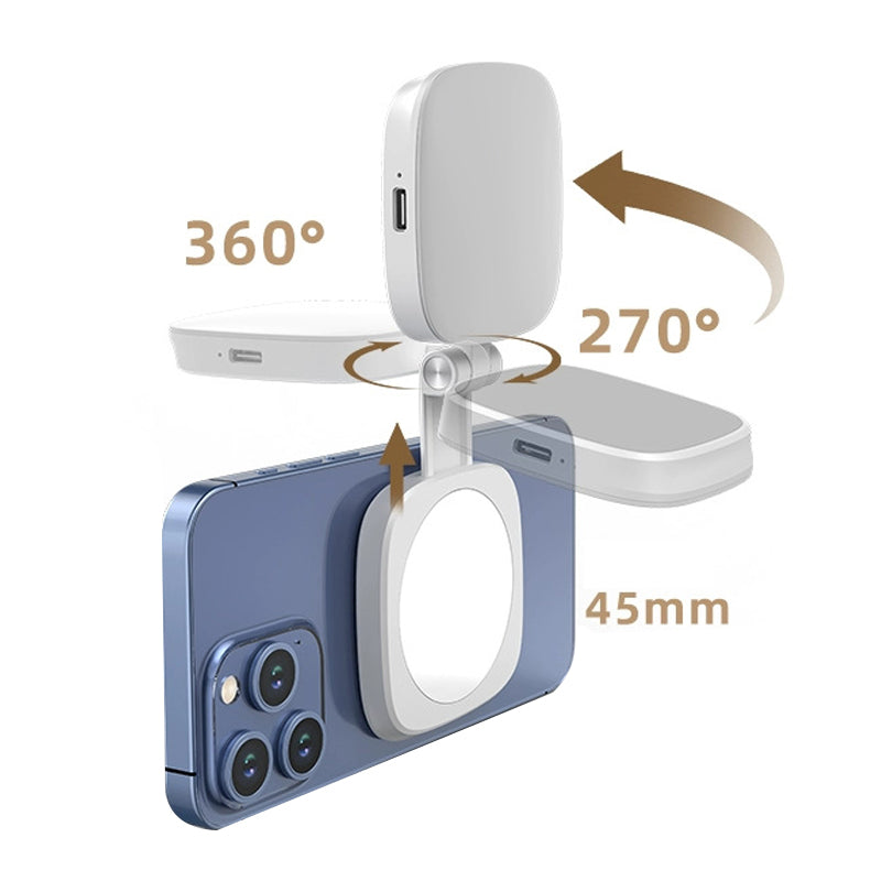 Portable, foldable photography mini-phone with magnetic backup light