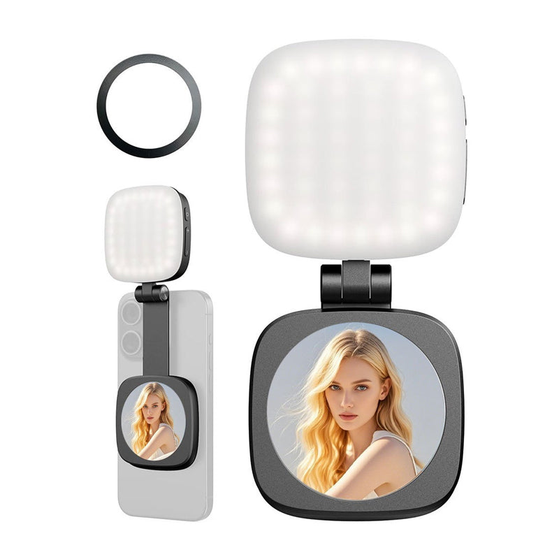 Portable, foldable photography mini-phone with magnetic backup light