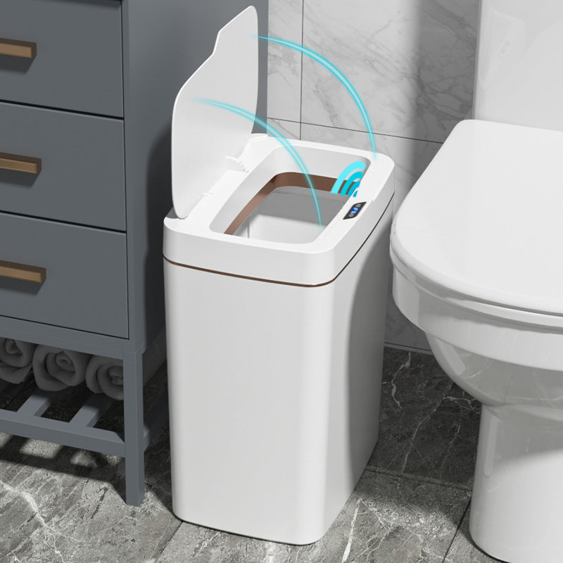 Smart sensor trash can with automatic lid opening, space-saving design, and luxurious design.