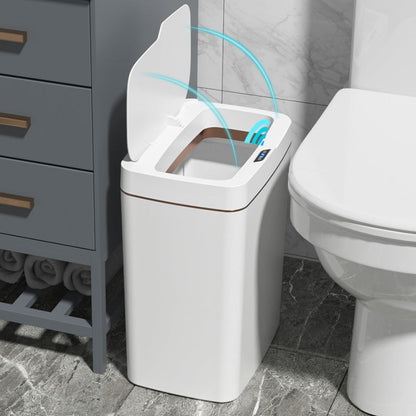Smart sensor trash can with automatic lid opening, space-saving design, and luxurious design.