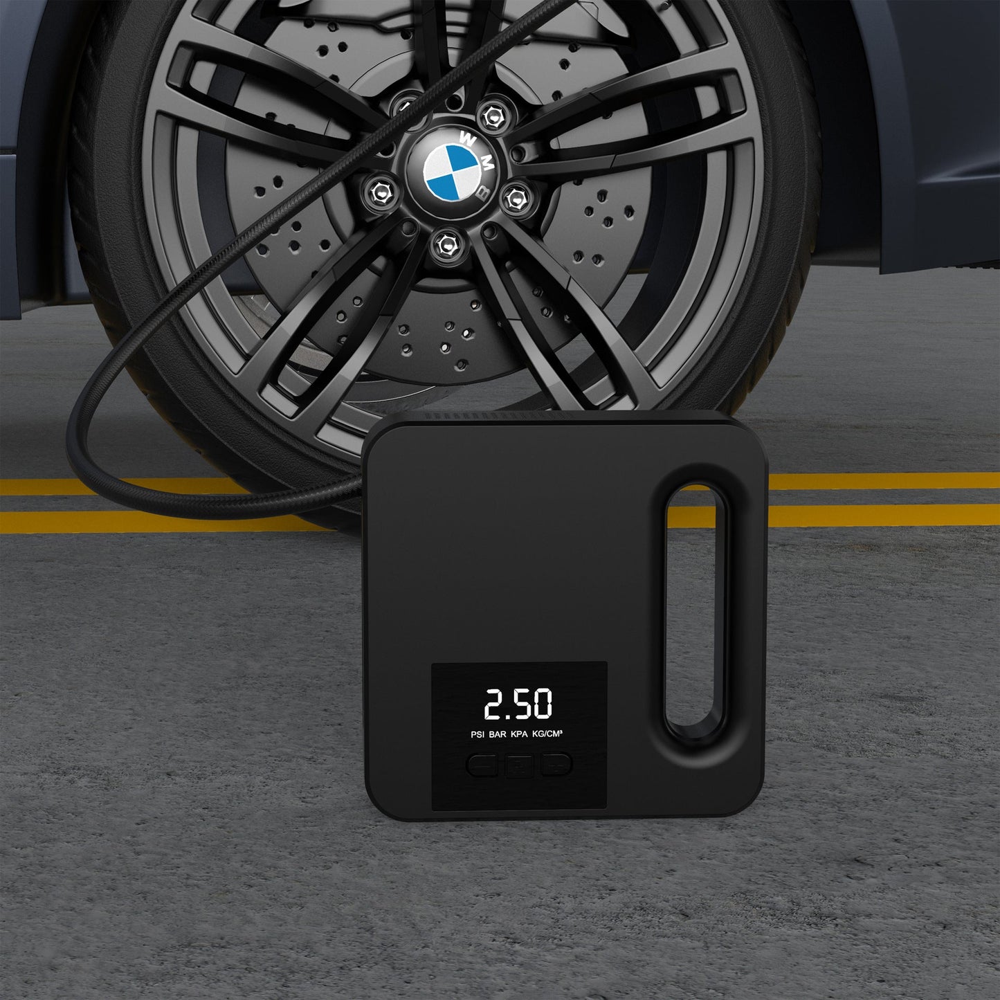 Smart digital display portable 12V car air pump with multi-functional tire pressure monitoring.