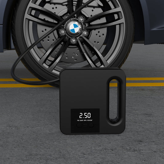 Smart digital display portable 12V car air pump with multi-functional tire pressure monitoring.