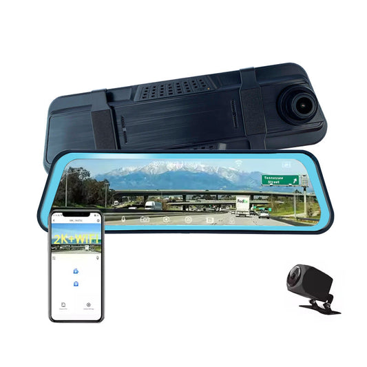 9.66-inch streaming rearview mirror dashcam with 2K night vision dual lenses, reversing camera, and smartphone Wi-Fi connectivity.