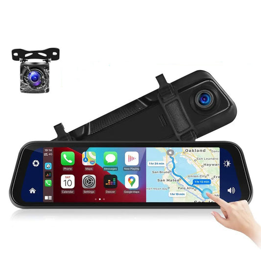 High-definition 9.66-inch in-car CarPlay wireless connectivity dashcam with front and rear dual recording and 4K navigation.