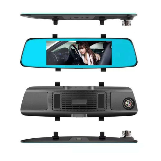 5.5-inch touchscreen rearview mirror dashcam with 1080P HD front and rear dual recording.