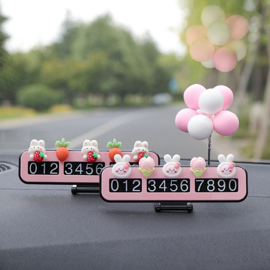 Creative temporary parking number plate, cute bunny ornament for girls' car interior decoration, car accessories, and car relocation phone number plate.